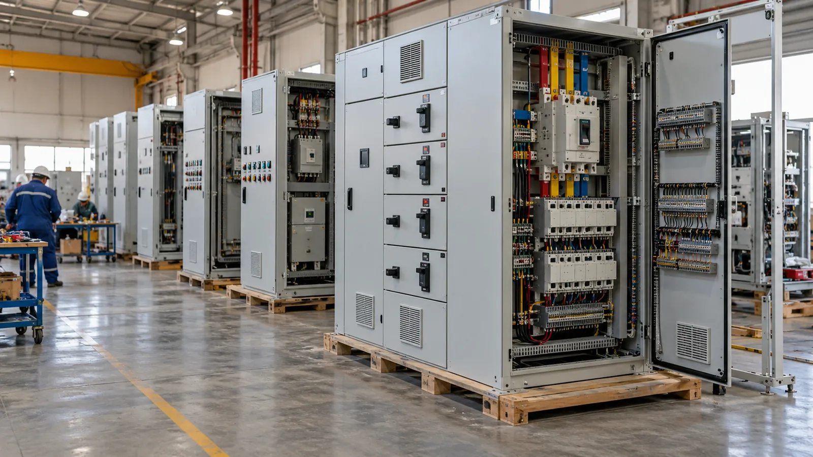 Finished MCC and switchboard panels in the Dammam workshop of Saudi Control Panels Company